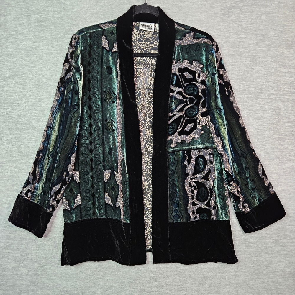 Chico's Design Silk Blend Burnout Velvet Paisley Open Front Cardigan US Size 8